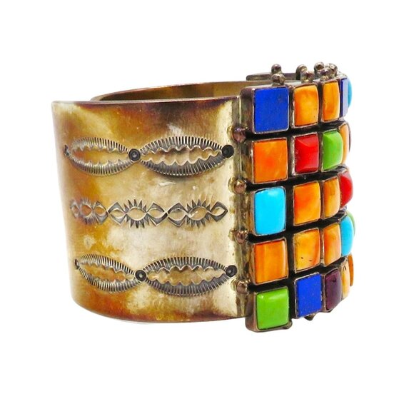 Vintage Sterling Silver Navajo Roie Jaque Multi Gemstone Mosaic Cuff Bracelet - Picture 3 of 8